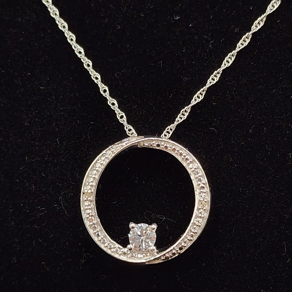 Sterling Silver White Sapphire And Natural Accent Diamond 16" Necklace VVS1 - Picture 4 of 4